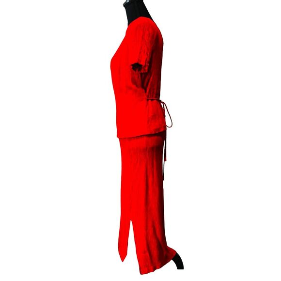 Miss Dorby Vintage Red Dress Shoulder Pads Waist Tie 80s V Neck Long - Picture 4 of 6